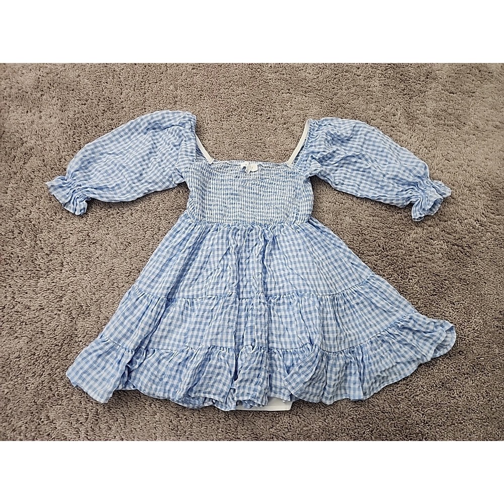 Mable Dress Womens S Blue Gingham Puff Sleeve Tiered Ruffle Smocked Mini MD2615